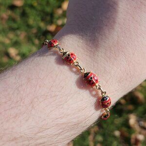 14K Yellow Gold Ladybug Lady Bug Link Bracelet 6.5 Inches